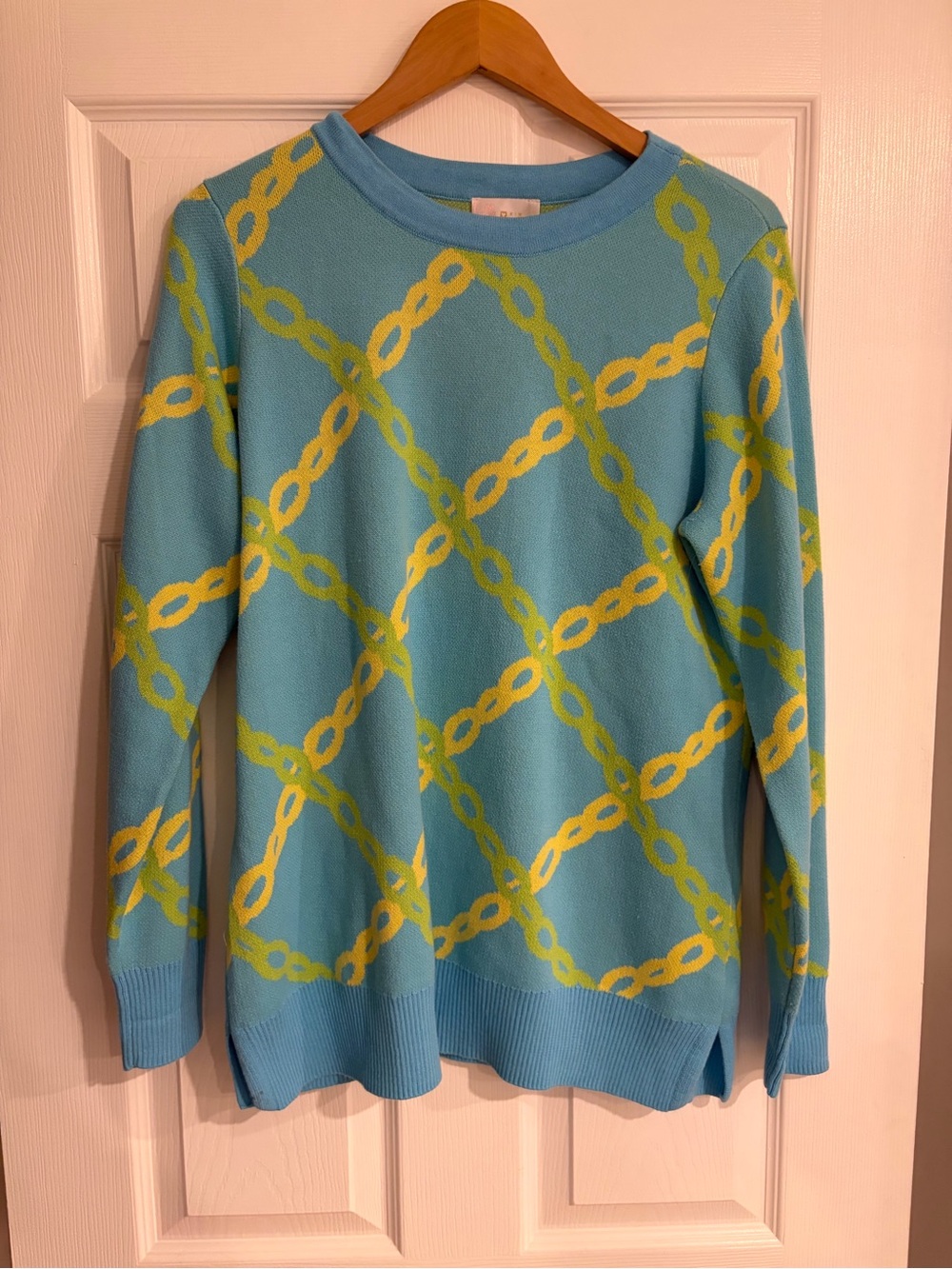 Belle by Kim Gravel Aqua Crewneck Sweater with Yellow Chain Pattern